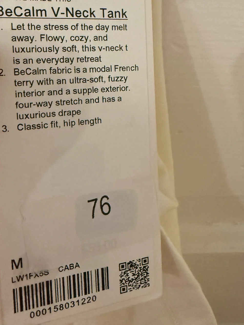 Lululemon BeCalm V-Neck Tank Coconut Ivory M
